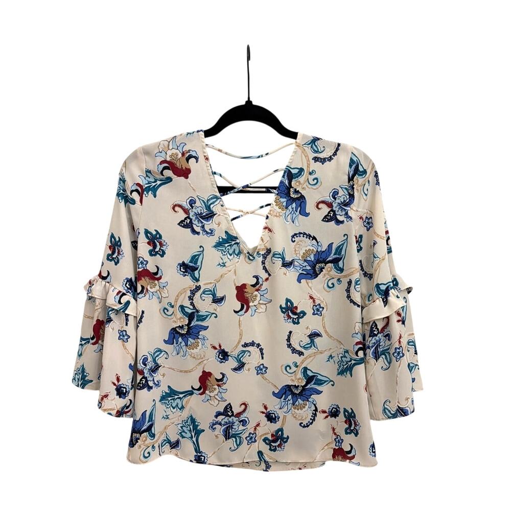White House Black Market Floral Flowy Feminine Bell Sleeve Blouse Lace-up XS - Picture 2 of 5